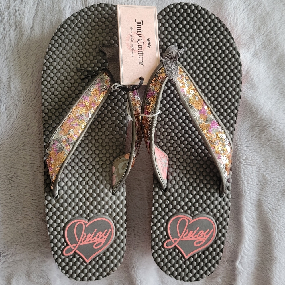 Juicy Couture Size Large Multi-Colored Sequined Flip Flops
